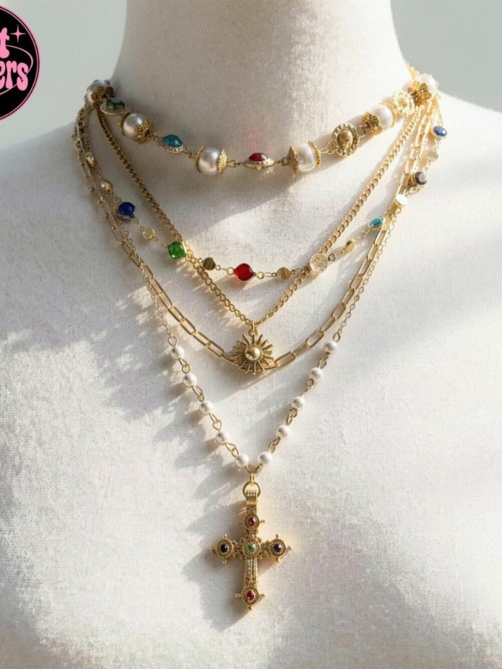 Y2K 2000s style 5 pcs set Gold multi-layered necklace with cross pendant